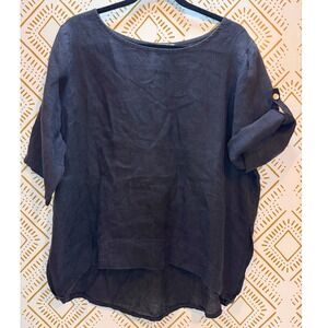 Marisima 100% Linen Blouse Women OS Black Roll Tab Sleeve Lagenlook Italy Summer